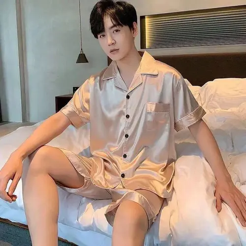 남성용 아이스 실크 새틴 반팔 셔츠 및 반바지 세트, 여름 얇은 잠옷, 단색 남성 캐주얼 홈 의류, 2 피스 수트 4