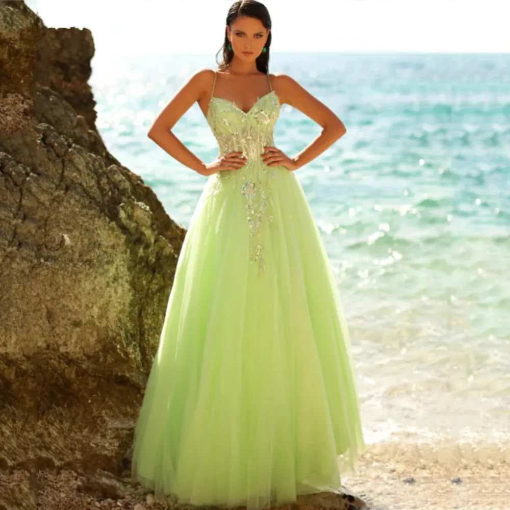 

2024 New Watermelon V-Neck A-Line Prom Dress Spaghetti Straps Appliques Backless Floor Length Party Formal Gown Vestidos De Gala