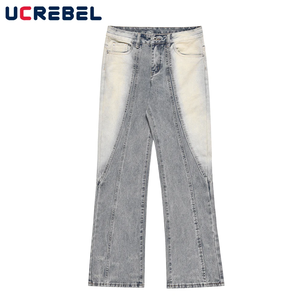 

Contrast Casual Denim Pants Mens High Street Washed Distressed Spliced Loose Wide Leg Trousers