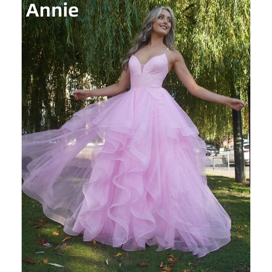 

Annie Sweet Pink Prom Dress Glitter Ruffled Tulle Evening Dresses Women's Wedding Formal Occasions Dresses Robes De Soirée