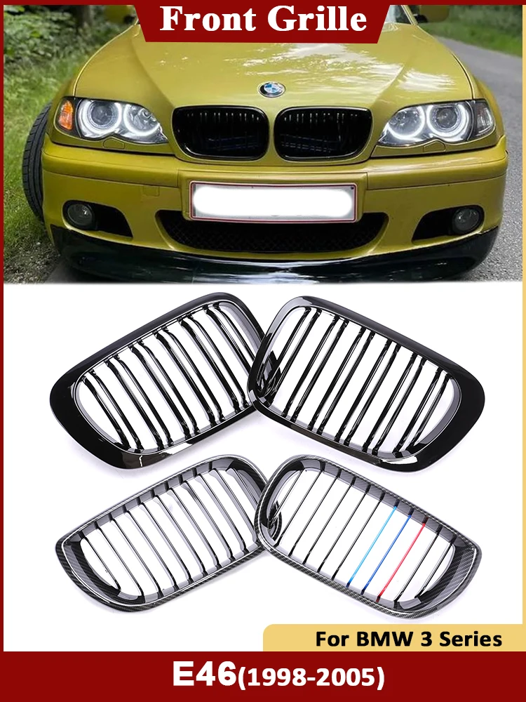 

Передний нижний бампер с радиатором, решетка для радиатора из углеродного волокна, цветные граненые грили для BMW 3 серии E46 1998-2005 2/4, двери
