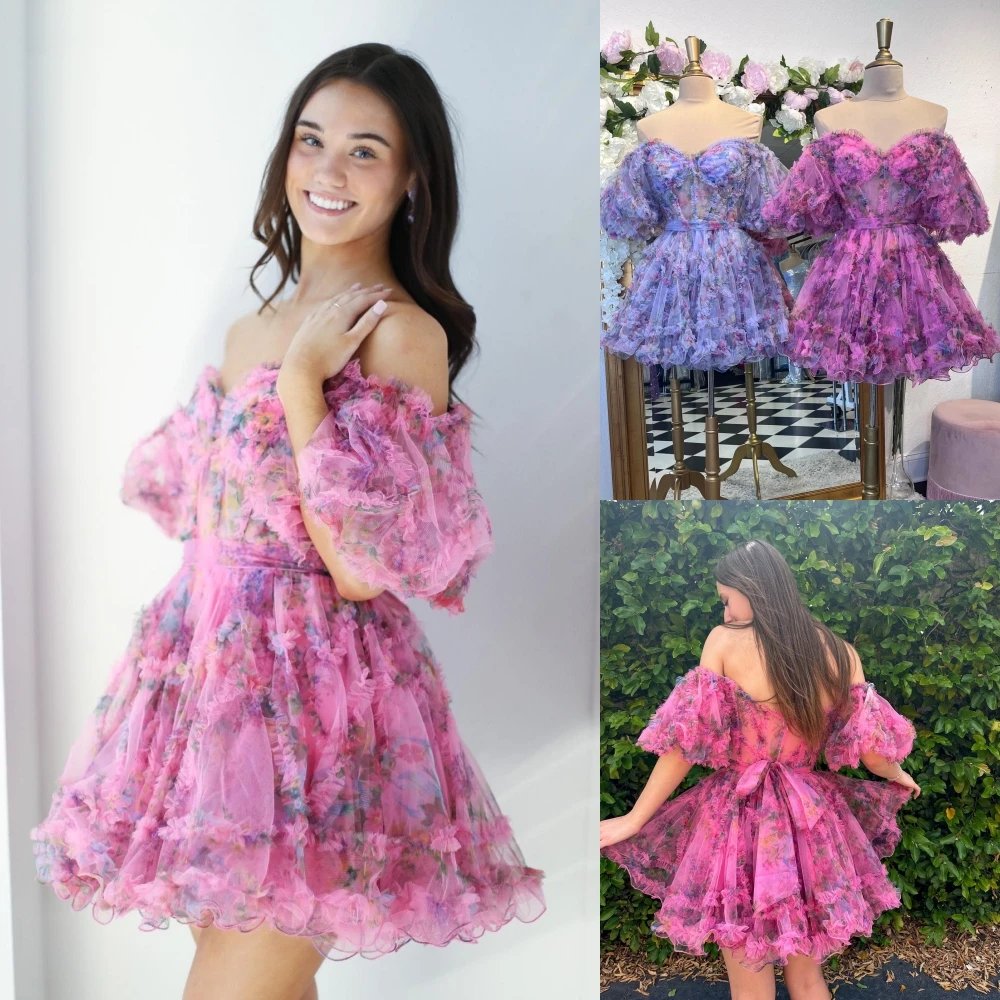 Stampa Floreale Homecoming Dress 2 K23 Hoco Ruffed Ballon Sleeves Corsetto Drama Graduation Cocktail Party Wedding Guest Holiday Gala
