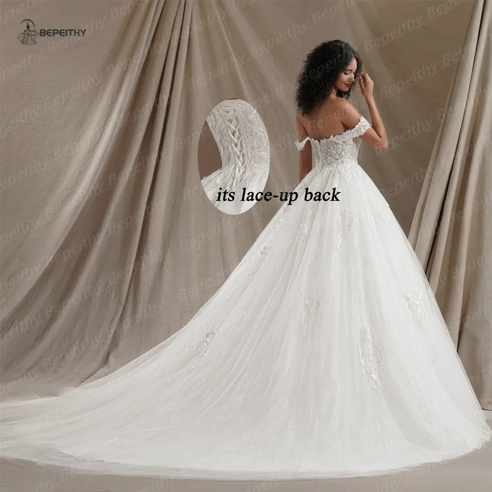 BEPEITHY Customized Sweetheart Glitter Princess Wedding Dresses For Women 2024 Off Shoulder Ivory Bride Sleeveless Bridal Gown 2