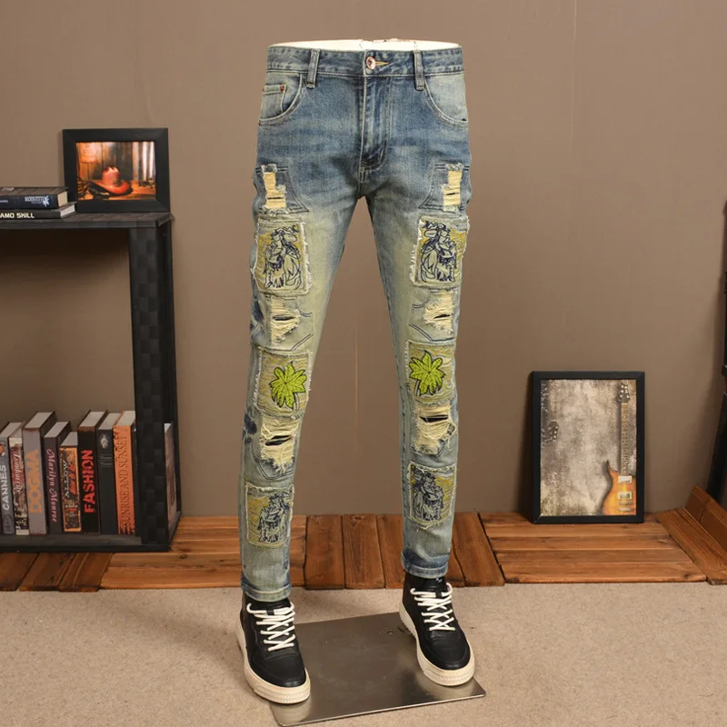 Vintage Vintage Ripped Men'S Jeans Hipster Stretch Straight Fit High-End Embroidered Scratch Patch Casual Denim Pants