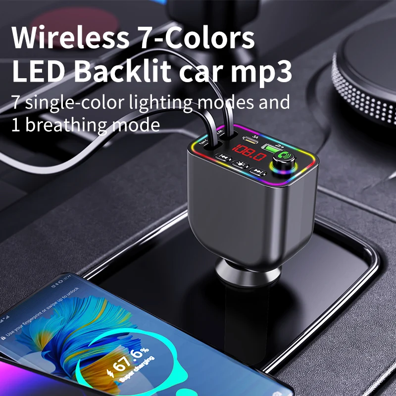 7-Colors Backlit Car MP3 Music Player Wireless Hands Free Call Car Fast Charger Retractable Cables car mp3 player For iPhone Samsung Huawei