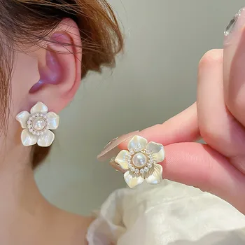 925 Silver Needle Korean Vintage Oil Painting Pearl Flower Earrings For Women Jewelry 2025 Trending New Luxury Women's Earrings