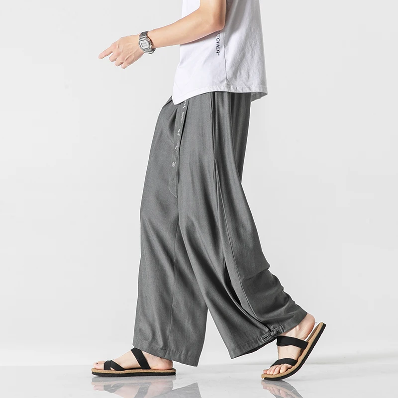 5XL Light Blue Chinese Style Wide Leg Trousers Streetwear Loose Cotton And Linen Hakama Black Wide Pants For Mens Japanese Zen