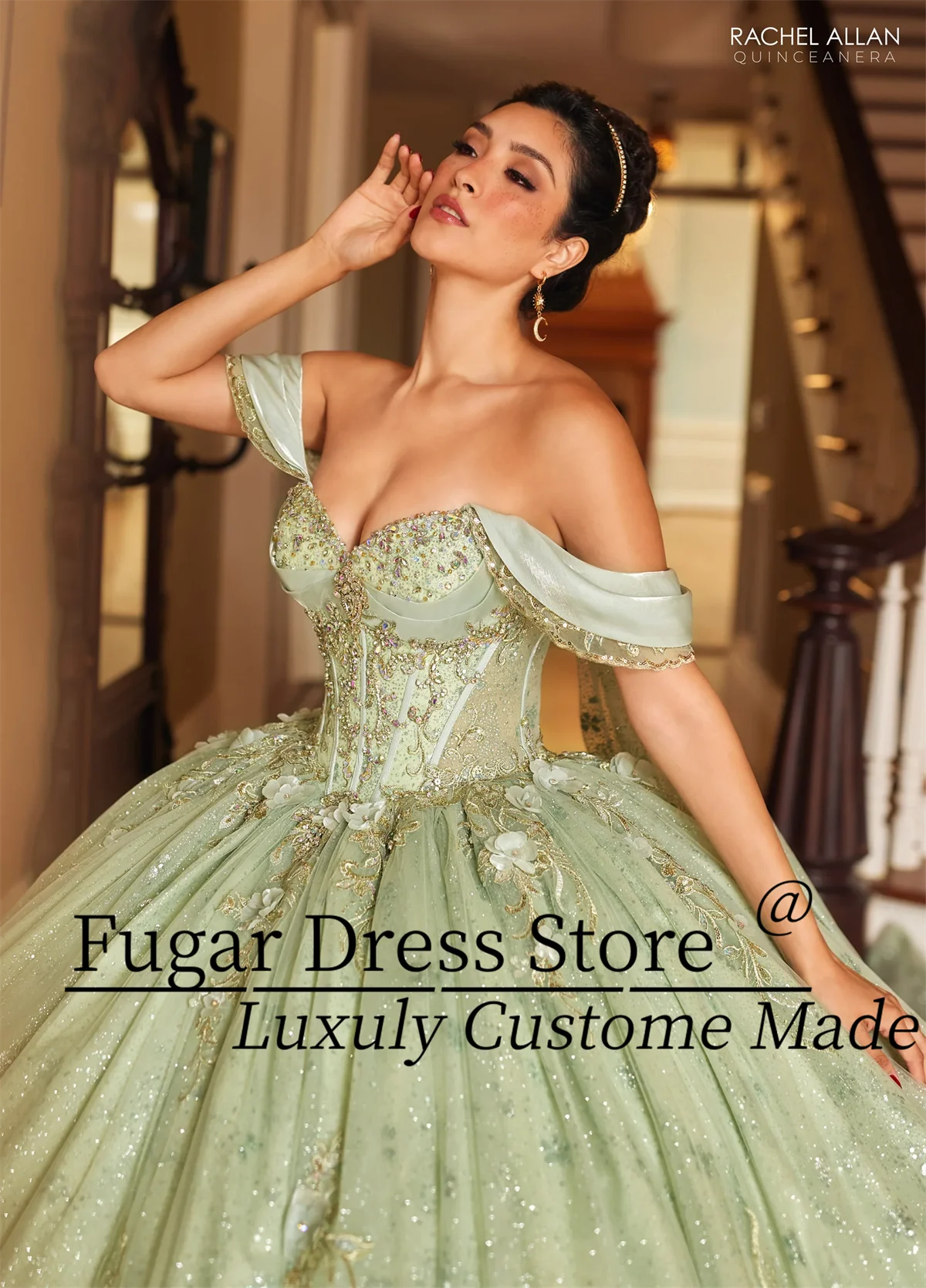 Long Strapless Shawl Sleeve Dress Princess Quinceanera Dresses Luxurious crystal transparent hard gauze 24