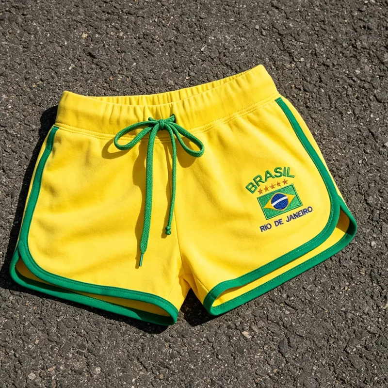 Summer Brasil Flag Print Contrast Piping Drawstring Waist Dolphin Shorts Daily Streetwear Slim Y2K Trendy New Women's Shorts