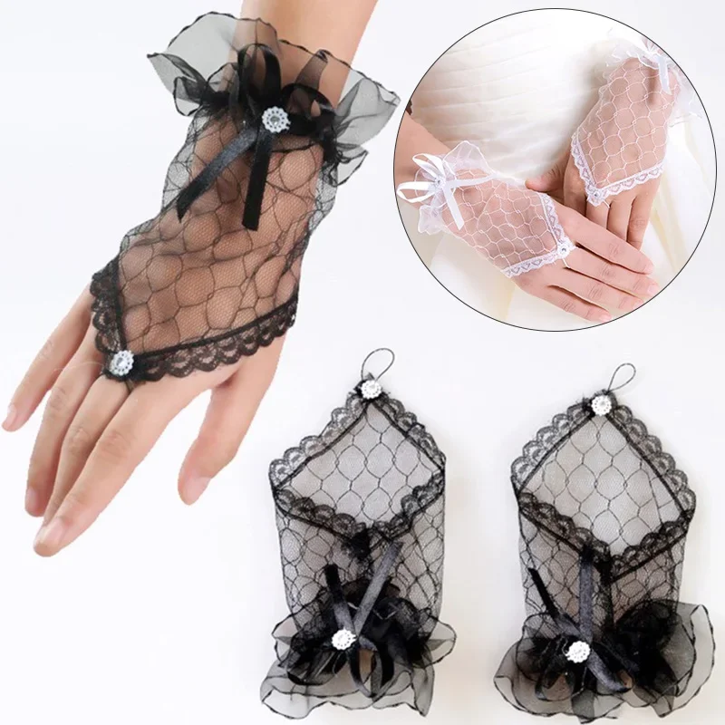 

1 Pair Fingerless Bridal Gloves Women Short Paragraph Bowknot Rhinestone Lace Mittens White Black Red Wedding Party Accessories