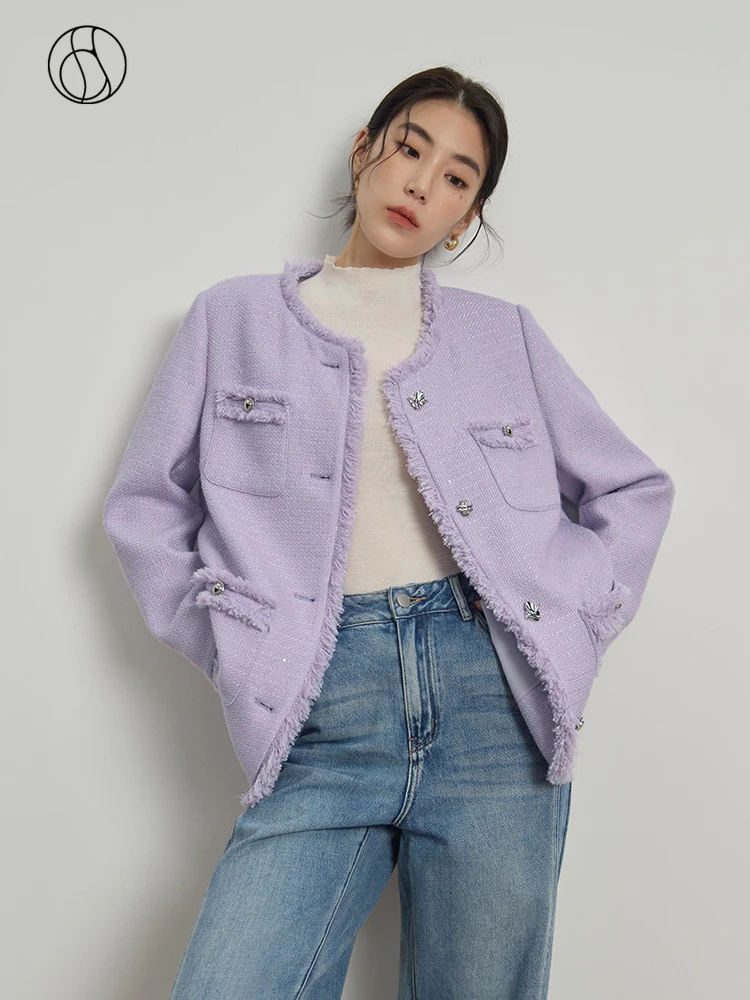 DUSHU 24.9% Wool Women Purple Tweed Jackets Round Neck Single Brested Loose Autumn Coat Fringed Raw Edge Women Mid-Length Jacket 5 10 pieces of 30 30cm lock edge cationic dishcloth kitchen cleaning absorbent coral wool dishcloth lazy cleaning cloth