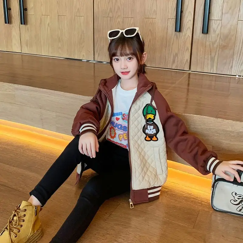 

2023 New Teen Girls Spring Autumn Fashion Duck Jackets Kids Streetwear Thicken Uniform Sport Coat Loose Students Outerwear 5-14Y