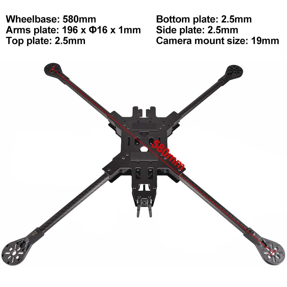 9IMOD Carbon Fiber 580mm 15 inch FPV Frame, IMOD Carbon Fiber 580mm FPV frame for DIY racing drones, featuring wheelbase, plate thicknesses, and camera mount size details.