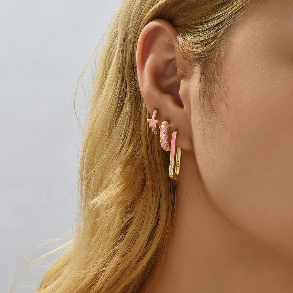 Cute Enamel Pink Geometric Round Heart Hoop Earrings Minimalist Gold Color Copper CZ Zirconia Hoop Huggies Korean Jewelry Gifts