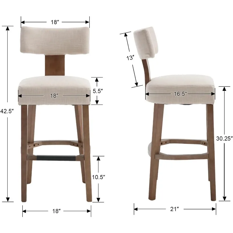 30” Bar Stools Set of 2 Counter Height Bar Stools Modern Kitchen Bar Stools with Upholstered Back, Farmhouse Upholstered Linen 2