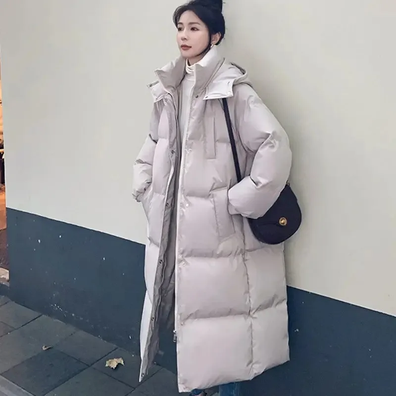 

2023 New Women Down Cotton Coat Winter Warm Jacket Long Over The Knee Parkas Loose Thick Outwear Solid Color Hooded Overcoat