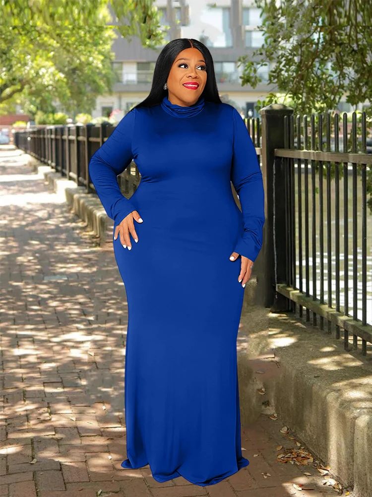 Maxi Dresses for Women Curvy Plus Size Clothes Elegant Casual Long Plain Dress Winter Turtleneck Dress Wholesale Dropshipping
