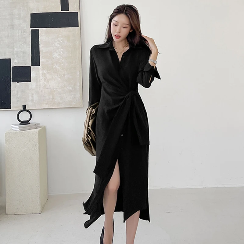 

Spring Summer Fashion Women Elegant Black Shirts Casual Dress Sslim Party Vintage Paraty Prom Midi Chic Office Work Dress