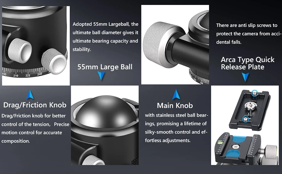 Description Picture 3 of itemARTCISE 44mm/55mm Low Profile Tripod Ball Head, All Metal CNC Heavy Duty Tripod Head for DSLR Camera Tripod Monopod Load 40kg