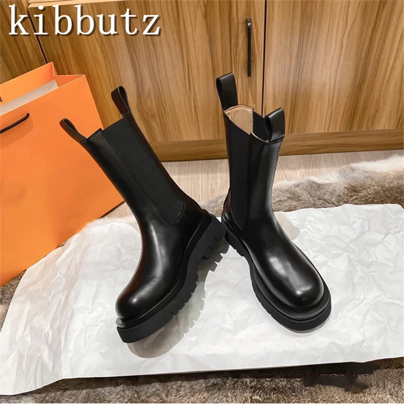 New Fashion Black Mid-Calf Chelsea Boots Women Round Toe Waterproof Platform Thick Sole Slip On Casual Short Elastic Boots