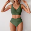 Women's High-Waist Cross-Strap Bikini Pure Color Separate Swimsuit Sensual Slimming Design Casual Summer Fashion Swimwear