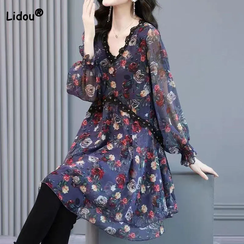 

Fashion Elegant Midi Floral Chiffon Shirt Women's Clothing Spring Autumn New Korean Loose Printed Lace Spliced V-Neck Blouses