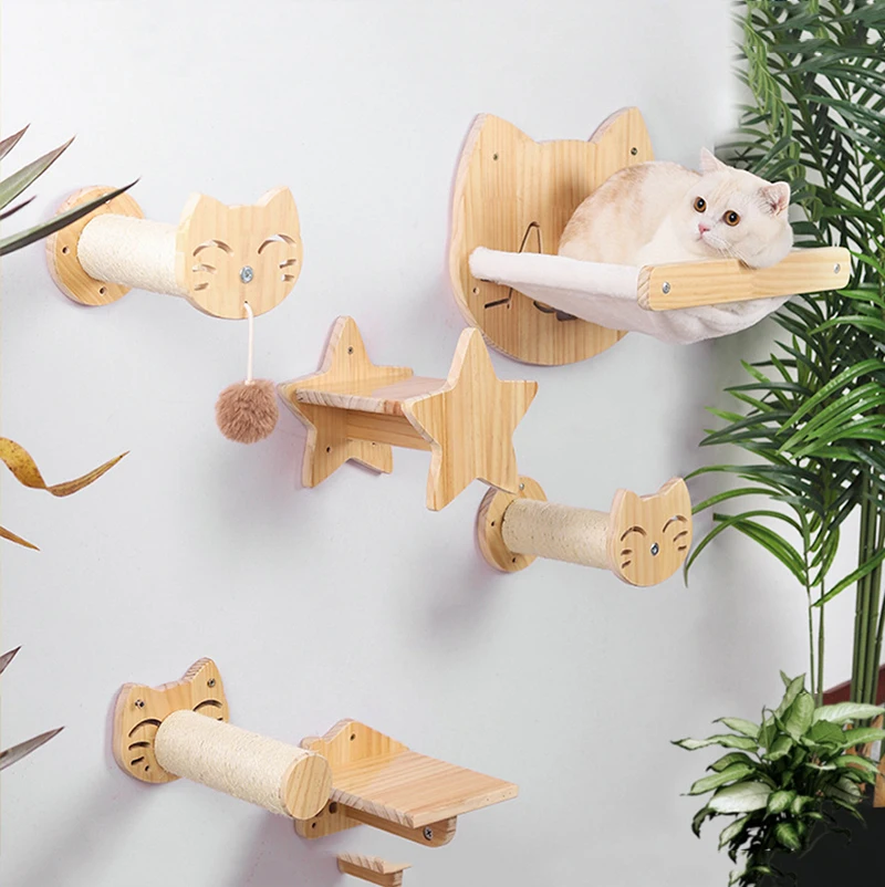 

Wall Mounted Cat Climbing Frame DIY Pine Solid Wood Cat Hanging Bed Jumping Platform Cat Scratching Climbing Post Pet Furniture