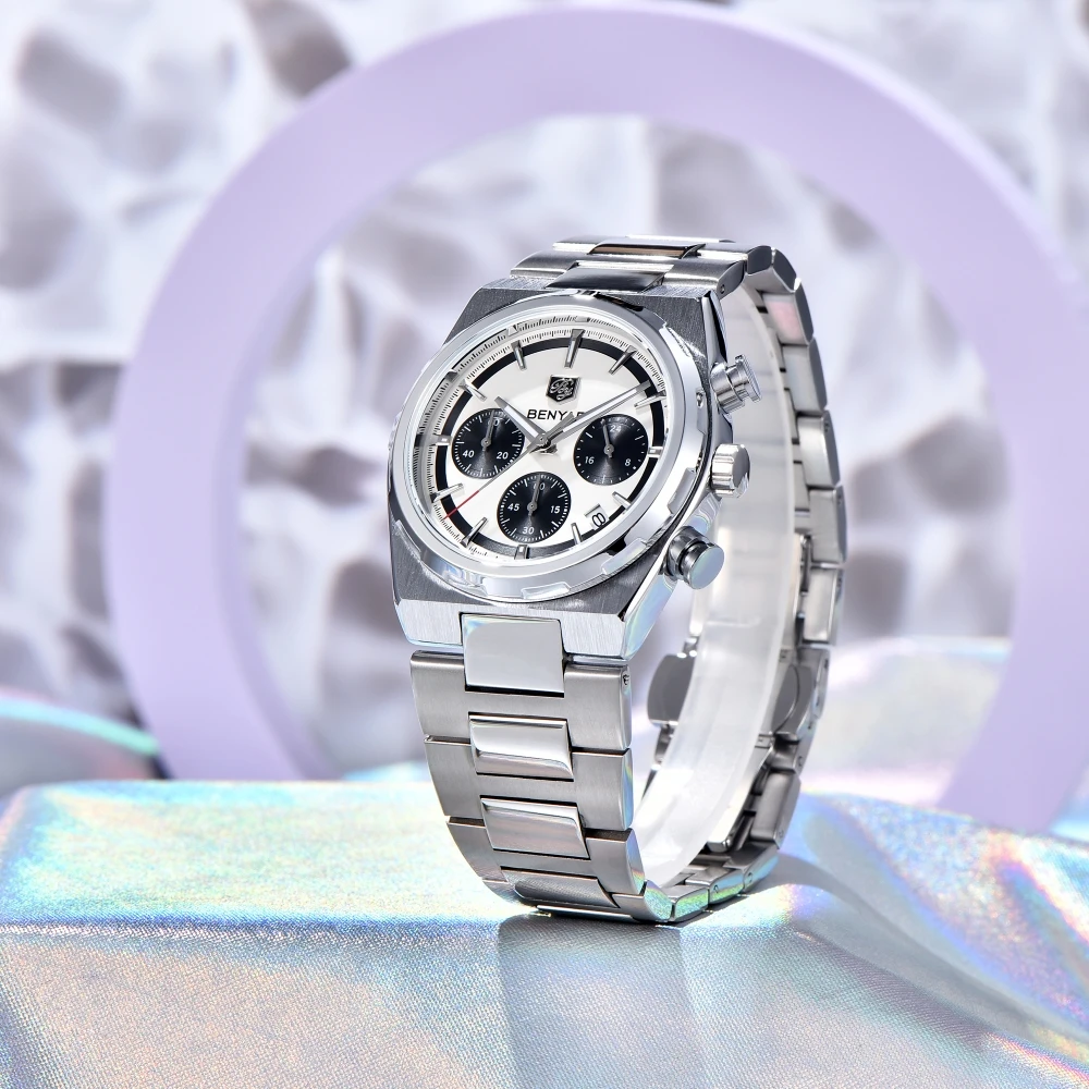 BENYAR 2024 New 40MM Multi Time Zone Three Eye Timing Luxury Men's Quartz Watch Stainless Steel Men's Quartz Watch Chronograph 3