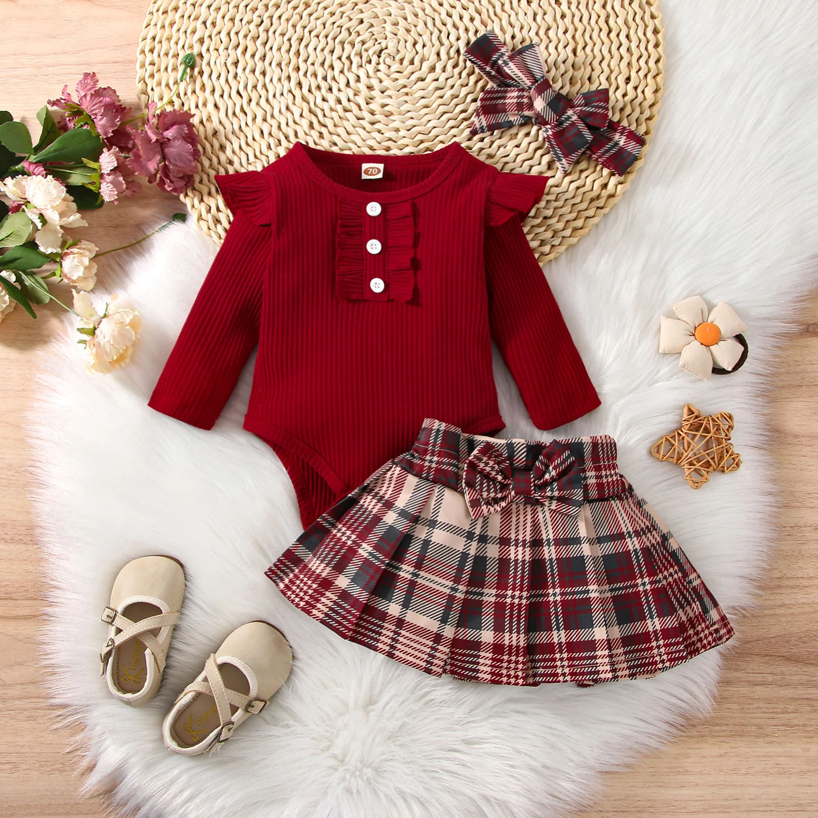 3Pcs Baby Girls Outfit Autumn Clothing Ribbed Long Sleeve Romper