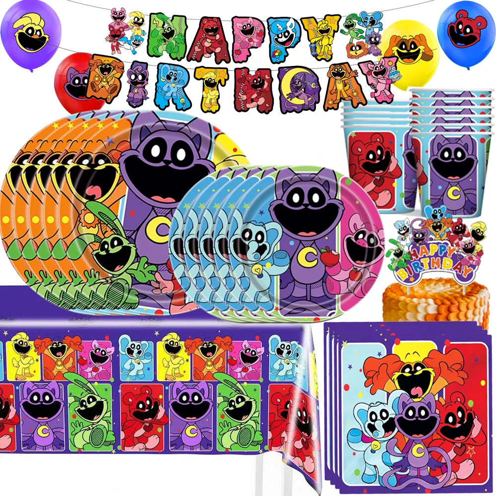 Birthday Party Supplies Smiling Critters Disposable Dinnerware Tablecloth Cake Topper Balloon for Kids Baby Shower