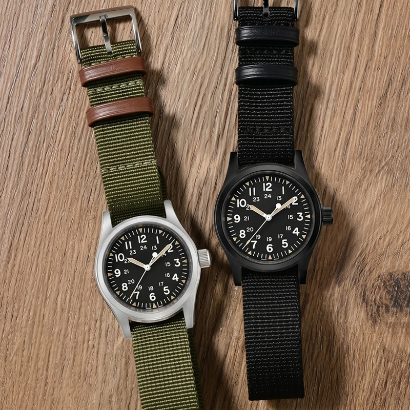 Black Khaki Army Genuine Leather and Nylon Weave Canvas Sport Watch Band Bracelet with Pin Buckle, 20mm or 22mm Strap Size