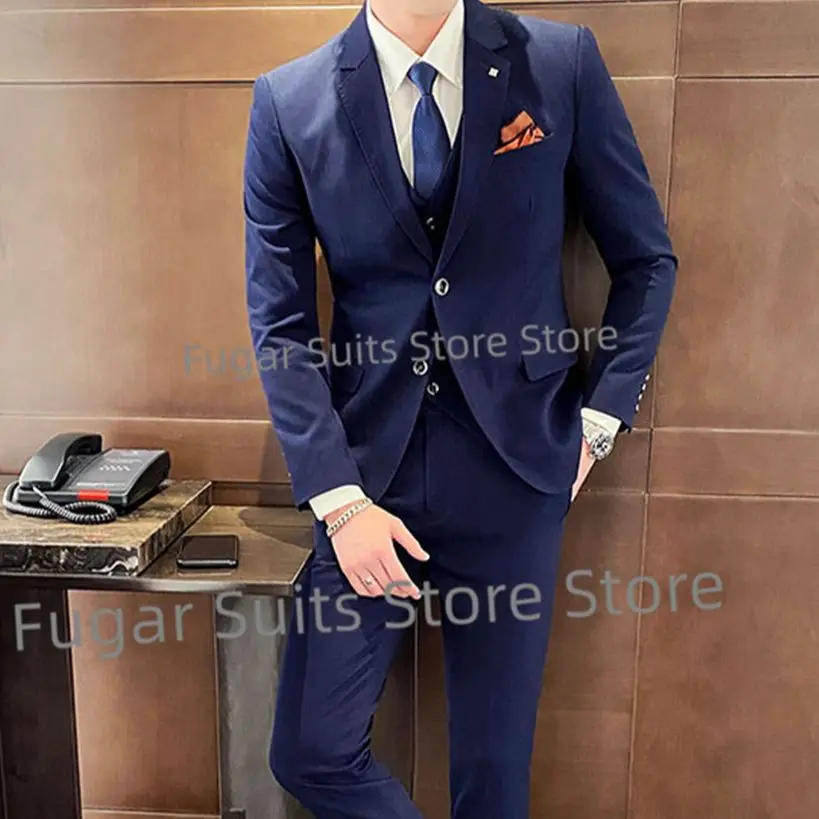 

Luxuly Business Blue Wedding Men Suit Slim Fit Notched Lapel Groom Formal Tuxedos 3Pieces Sets Office Male Blazer Costume Homme