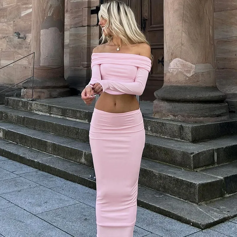 Casual Off-Shoulder 2 Piece-Set Maxi Skirt For Women Patchwork Long Sleeve Pullover Top And Long Skirt Sets Female Outfits