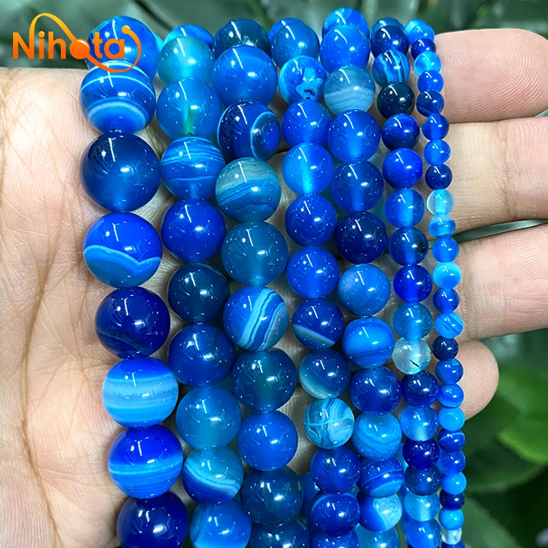 Natürliche blaue Streifen Achate Runde Perlen 15" Strang für Modeschmuck handgemachte Herstellung DIY Armband Zubehör 4/6/8/10/12/14mm