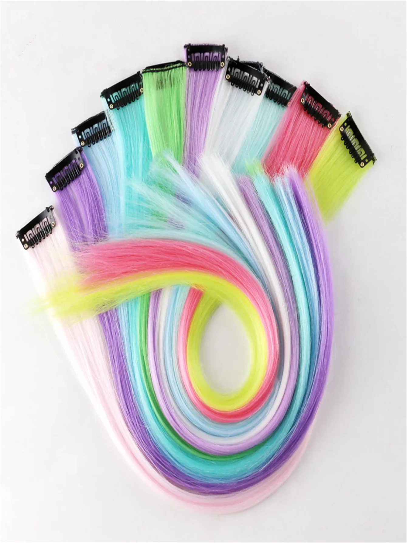 Hair Extensions 10pcs Luminous Clip In Synthetic Hair Extensions 20 Inch Mixed Colored Fluorescent Glow In The Dark Neon Hairpieces