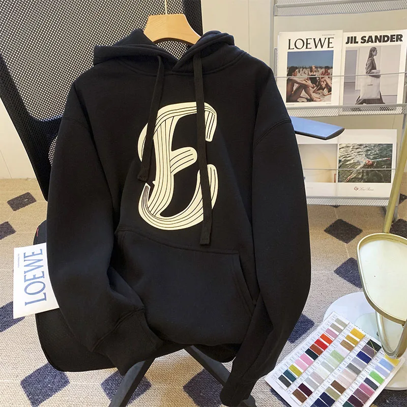 

Vintage Hooded Casual Letter Sweatshirts Oversize Long Sleeve Loose Pullovers Female Black Boyfriend Loose Lazy Tops Autumn 2023