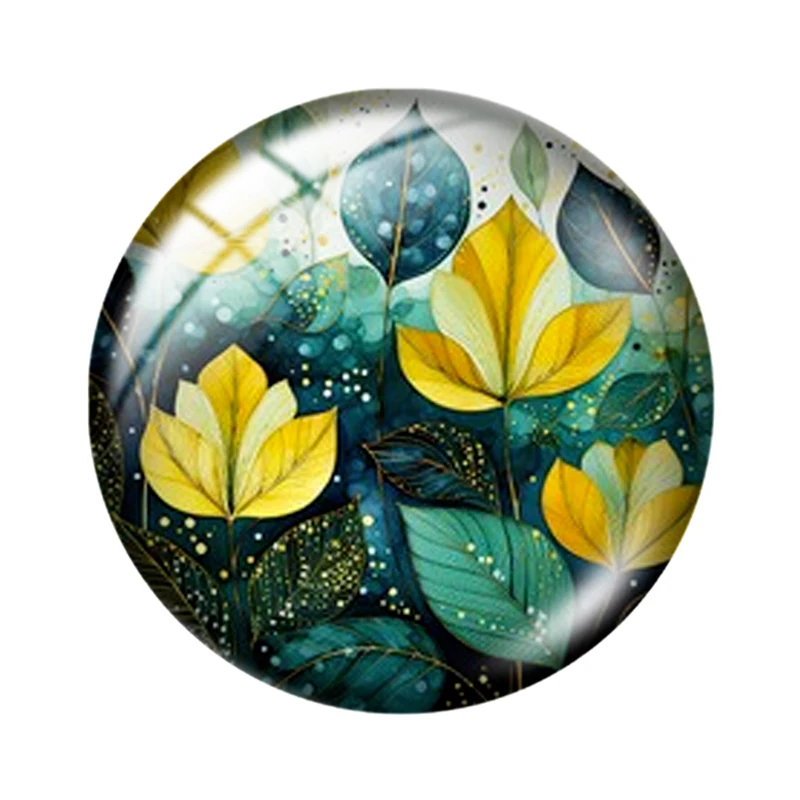 10pcs Watercolor Green Plants Round Glass Cabochons – Assorted Sizes
