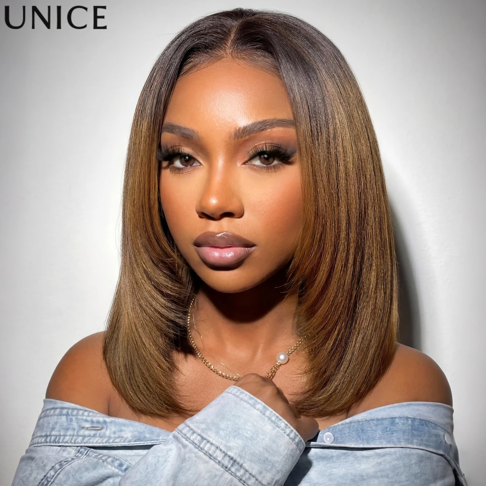 Unice Hair 7x5 Bye-Bye Knots Chestnut Brown Ombre Yaki Straight Bob Wig Human Hair Pre Cut Pre Bleached Glueless Wig