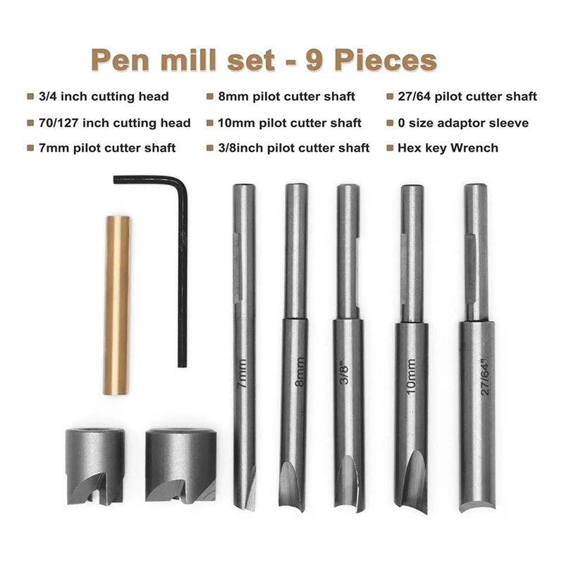 Hot Pen Mill Set,Barrel Trimmer System For Pen Kits 7Mm,8Mm,3/8 Inch,27/64 Inch,10Mm Pilot Shafts For Woodworking Kits