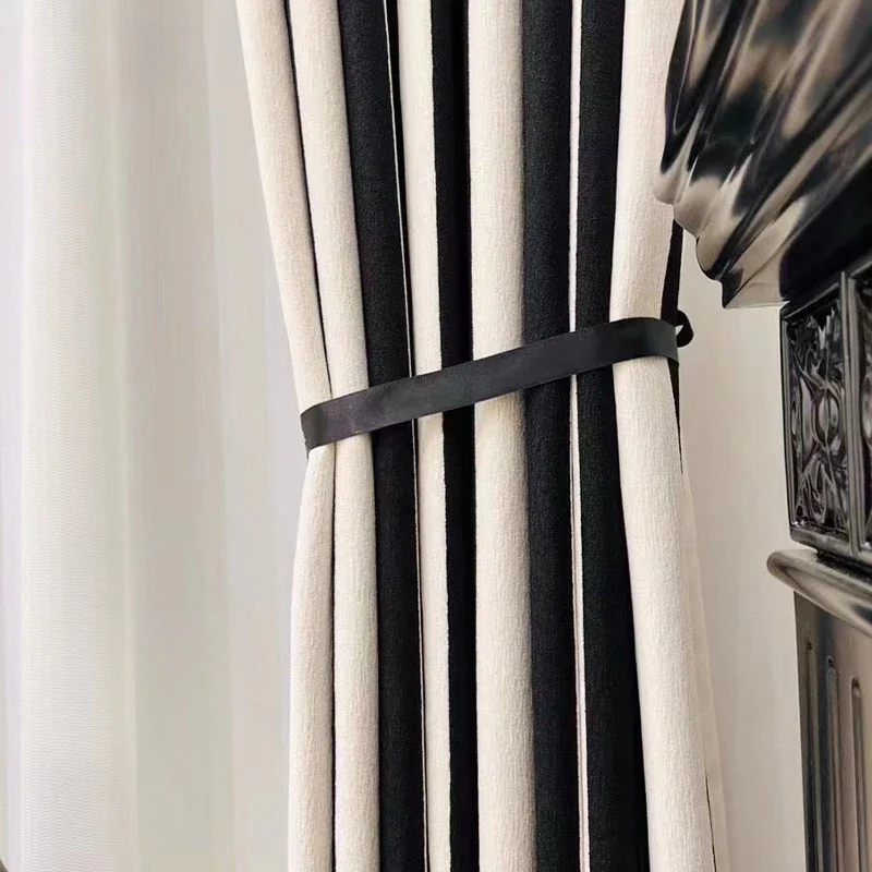 French Retro Black and white Splicing Striped Chenille Jacquard Luxury Curtains for Living Dining room Bedroom Tulle Custom