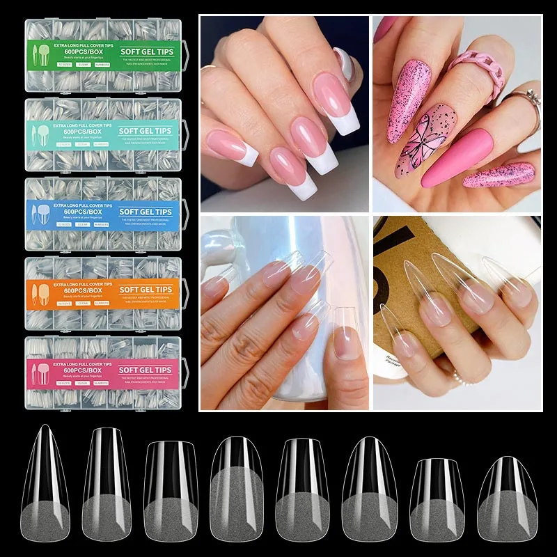 

240/600Pcs Clear Soft Gel Nail Tips Almond Square Full Cover Nail Tips False Nail Tips for Nail Extension Nail Salon Home DIY