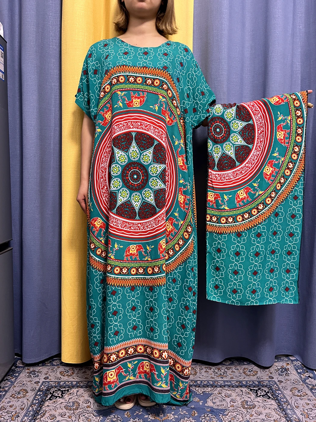 Abayas For Women 2023 Print Floral Cotton Farbric Short Sleeve Muslim Summer Loose Femme Robe African Islam Dresses With Turban