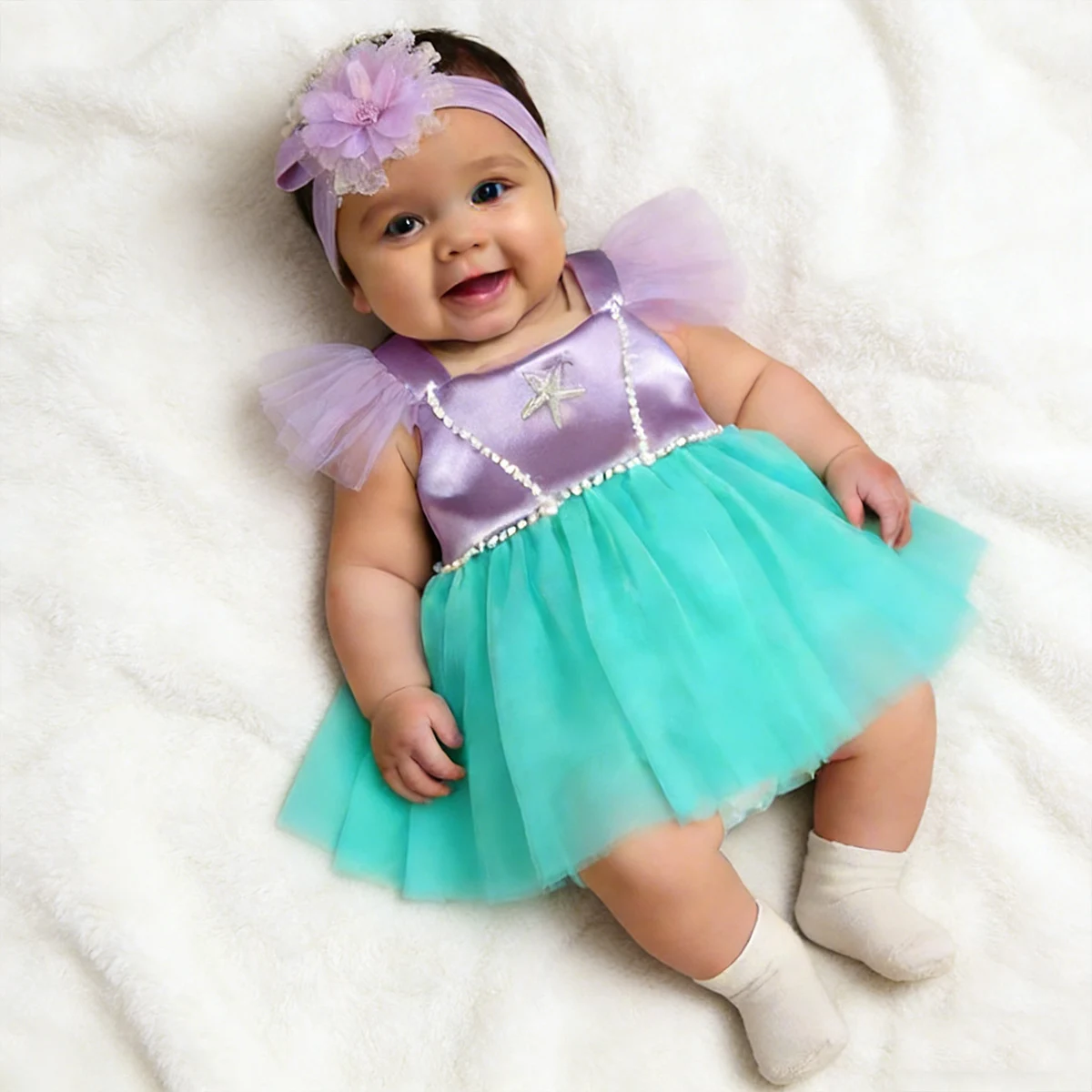 Accessoires de photographie pour nouveau-nés, robe violette style étoile de mer et perle pour bébé fille avec bandeau, tenues de séance photo pour nourrissons