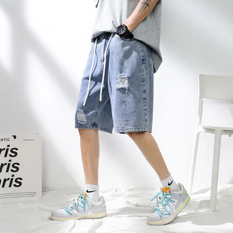 Men's Summer Bermuda Shorts For Men Harajuku Denim Shorts Baggy Pants Ripped Hip Hop High Quality Jeans Hong Kong Style Baggy