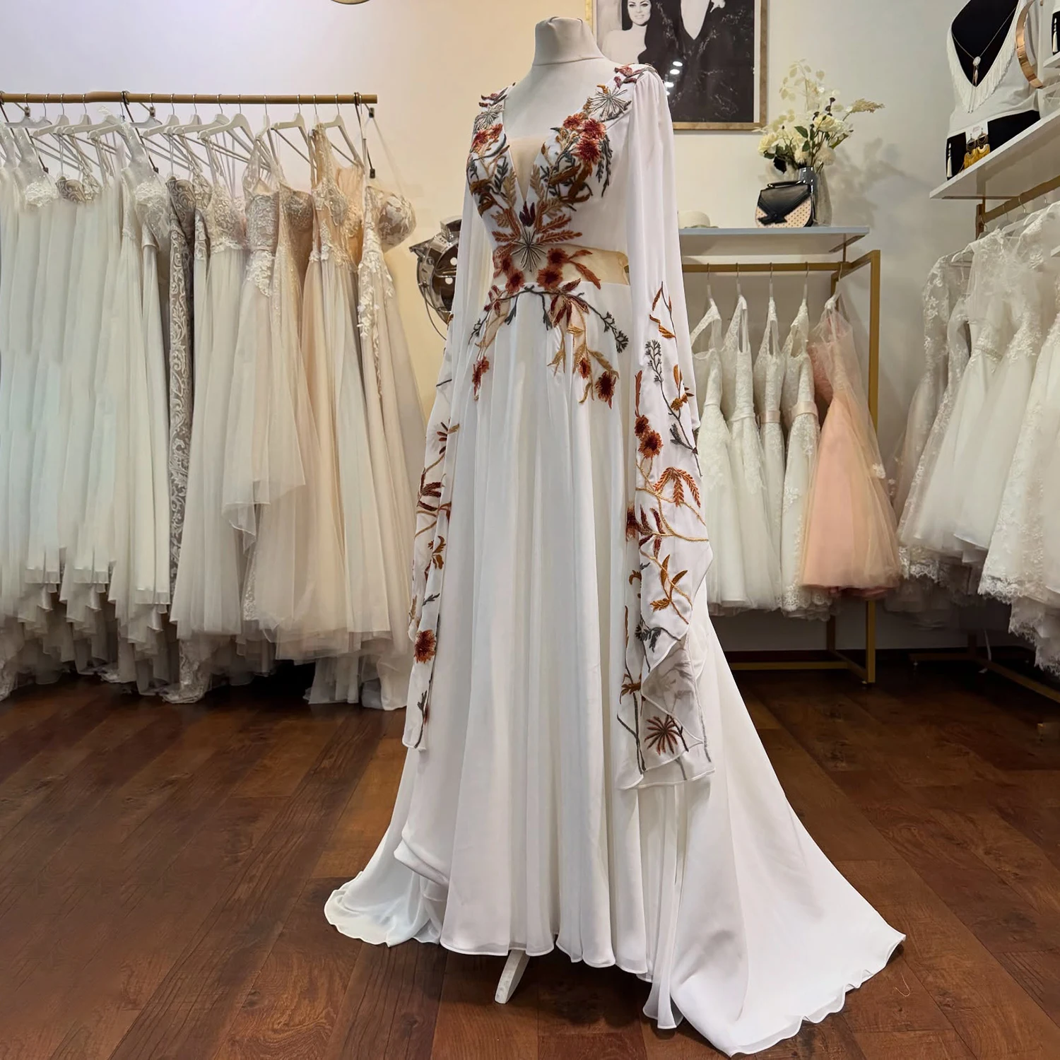 Long Bell Sleeves Boho V Neck Wedding Dress A Line Backless Brown Bridal  Gown | eBay