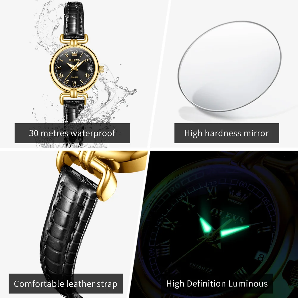 OLEVS 5645 Retro Quartz Wristwatch For Women Leather Strap Elegant Fashion Waterproof Watches Luxury Gold Case Ladies Watches