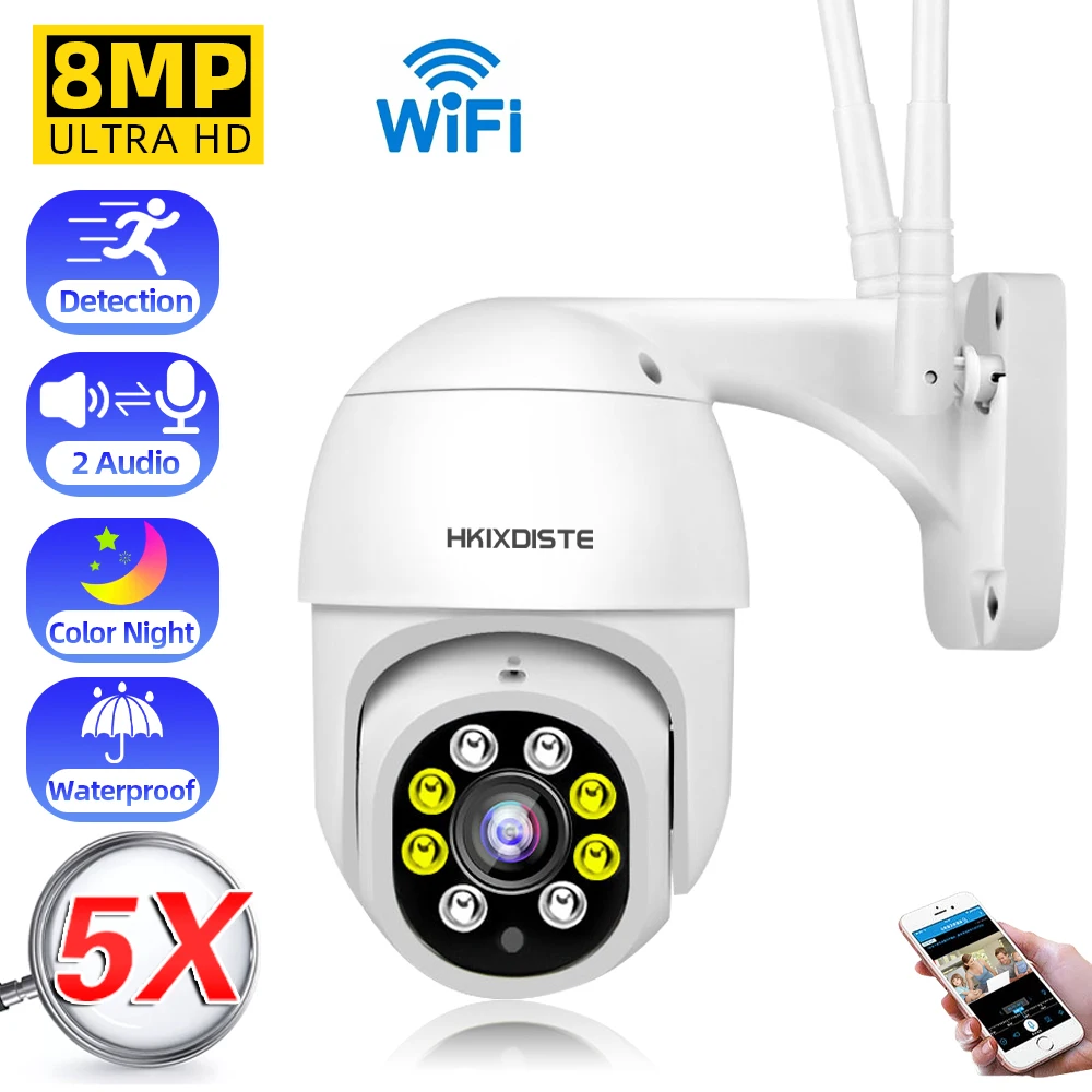 

Auto Tracking 4K HD PTZ WiFi IP Camera AI Humanoid Detection 8MP IP66 Waterproof Security Color IP Camera P2P Video Surveillance