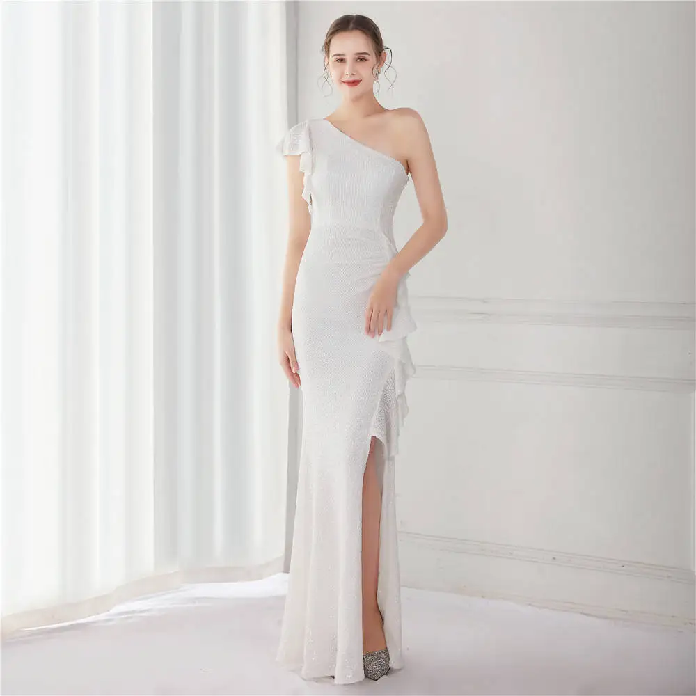 

2024 White Women Prom Party Dresses Sexy Sequined Ruffles Split Trumpet Formal Gowns Elegant Lady Evening Guest Wedding Dress