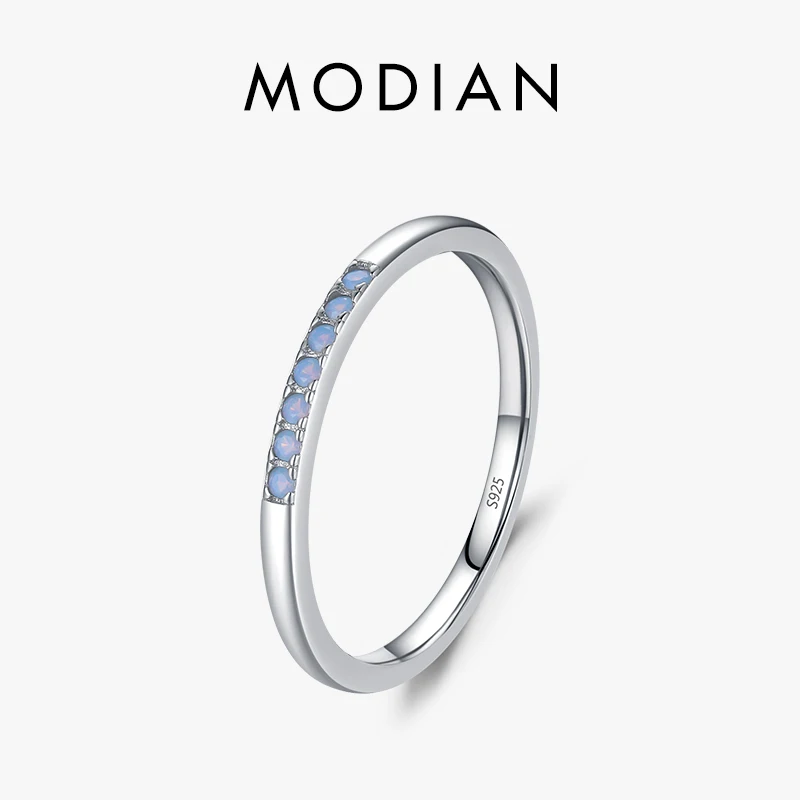 

Modian Minimalism 925 Sterling Silver Simple Blue Opal Pave Setting Finger Ring Trendy Stackable Wedding Jewelry For Women Gift