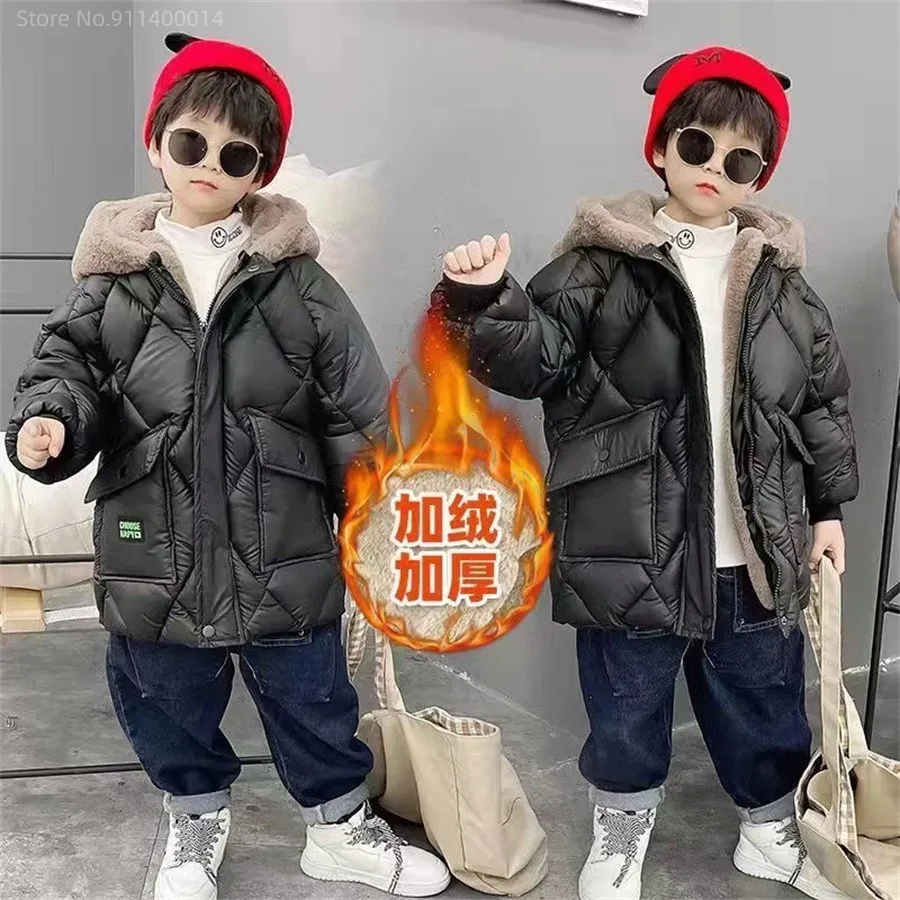 

Winter boys coat 2023 new baby hooded cotton plus velvet thicken warm jacket for children parka 5-12years kids clothes